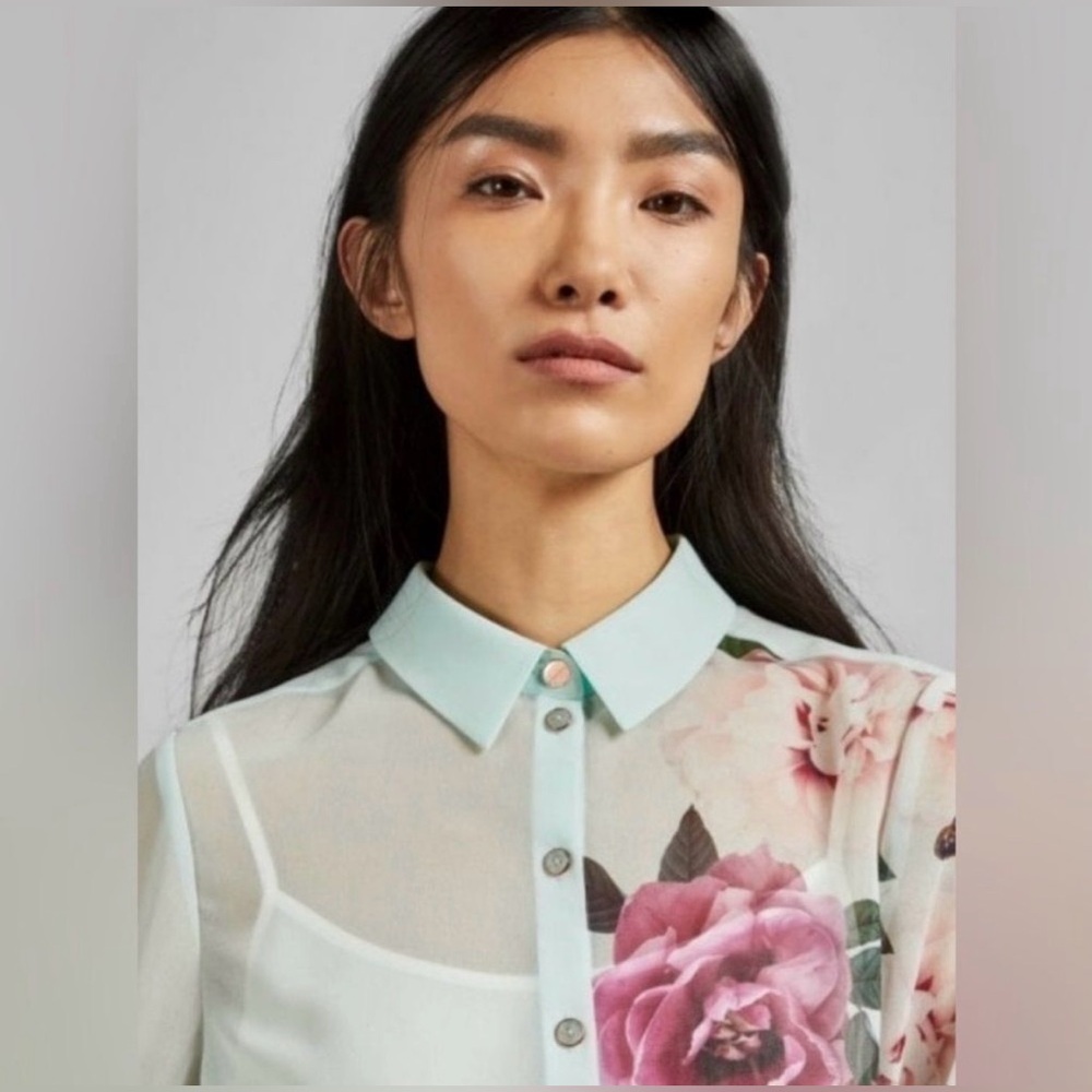 NWT Ted Baker Sheer Floral Button-Down Blouse - Light Blue/Pink - Picture 13 of 15